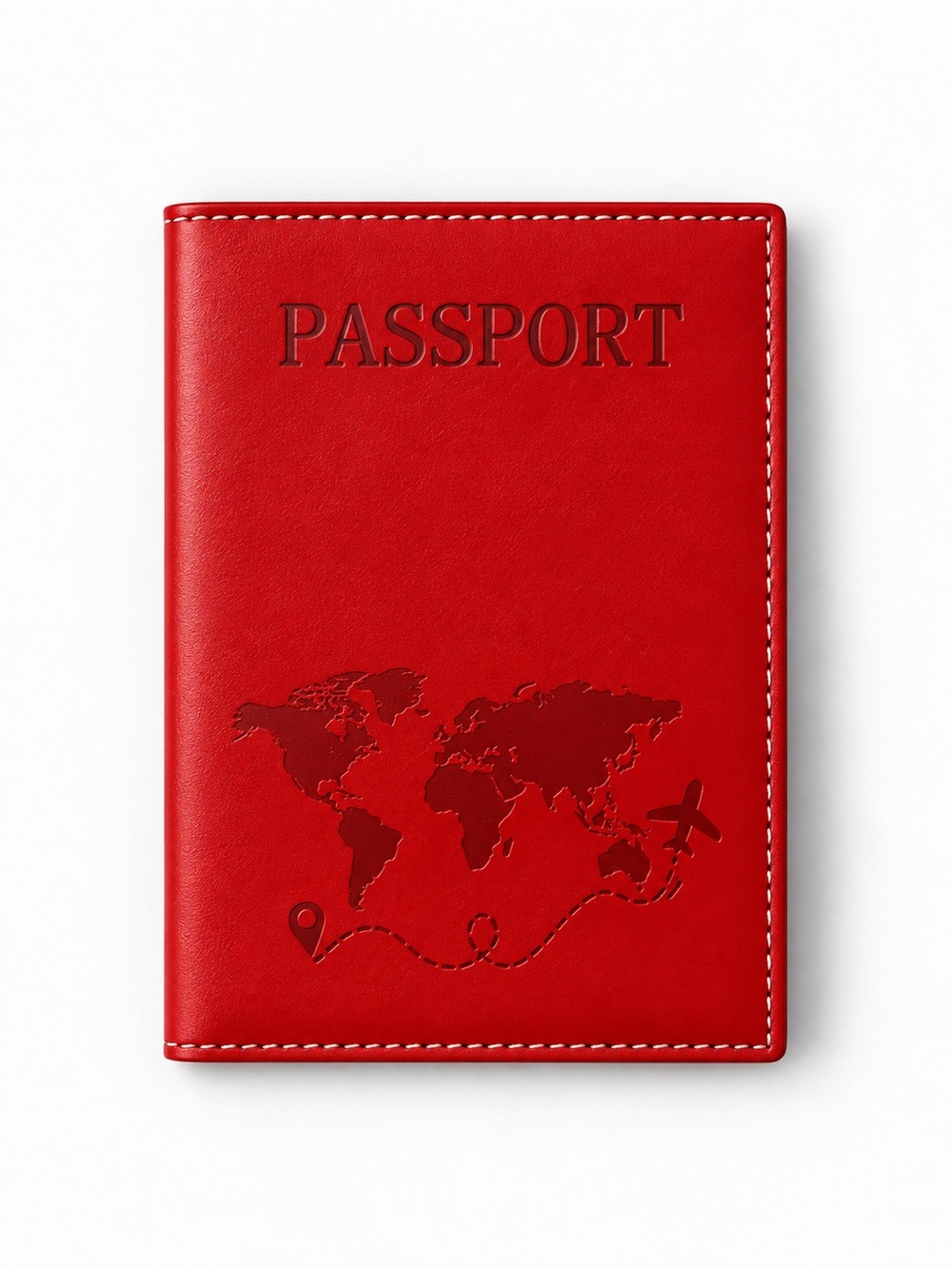 Red Travel Passport Holder with World Map Embossing